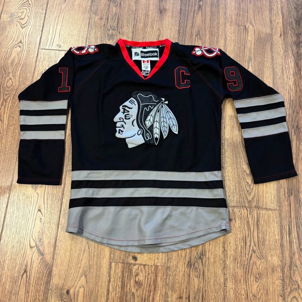Blackhawks Toews Reebok Black and Gray Hockey Jersey with Red Trim